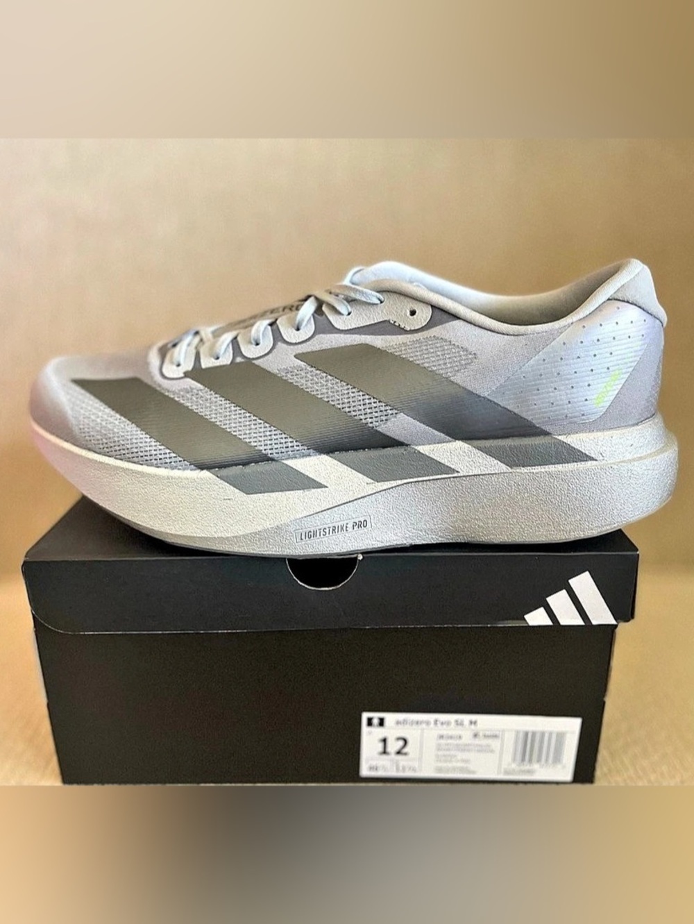 Size 12 - Adidas Adizero Evo SL Metallic Silver Halo Running Shoes JR3419 Men's